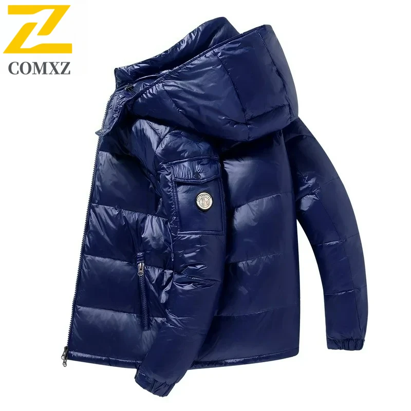 

COMXZ 2025 зимняя мужская куртка-пуховик, модная толстая мужская и женская куртка на утином пуху, уличная теплая повседневная однотонная куртка с капюшоном