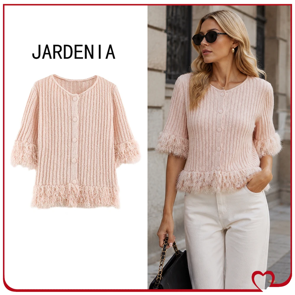 New in Fashion Fringed Cardigan for Women Summer Pastel Pink Knitwears Round Neck and Short Sleeve Cardigan with Covered Buttons