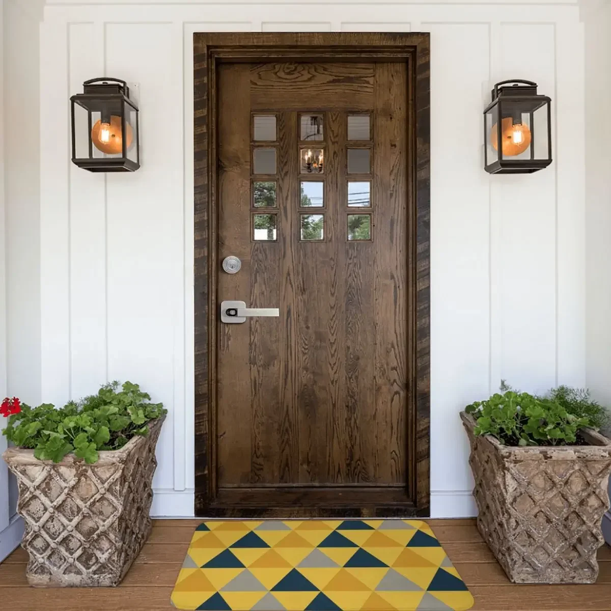 Triangular Dark Mustard Yellow, Light Mustard Yellow, Navy Blue, And Grey. Minimalist Geometric Pattern Doormat carpet Kitchen