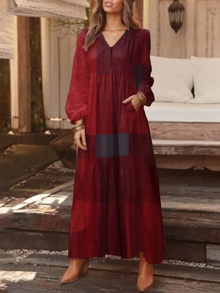 ZANZEA Autumn Long Puff Sleeve Maxi Dress Women Vintage Tiered Plaid Long Robes Fashion Cotton Linen V Neck Vestido Casual Dress