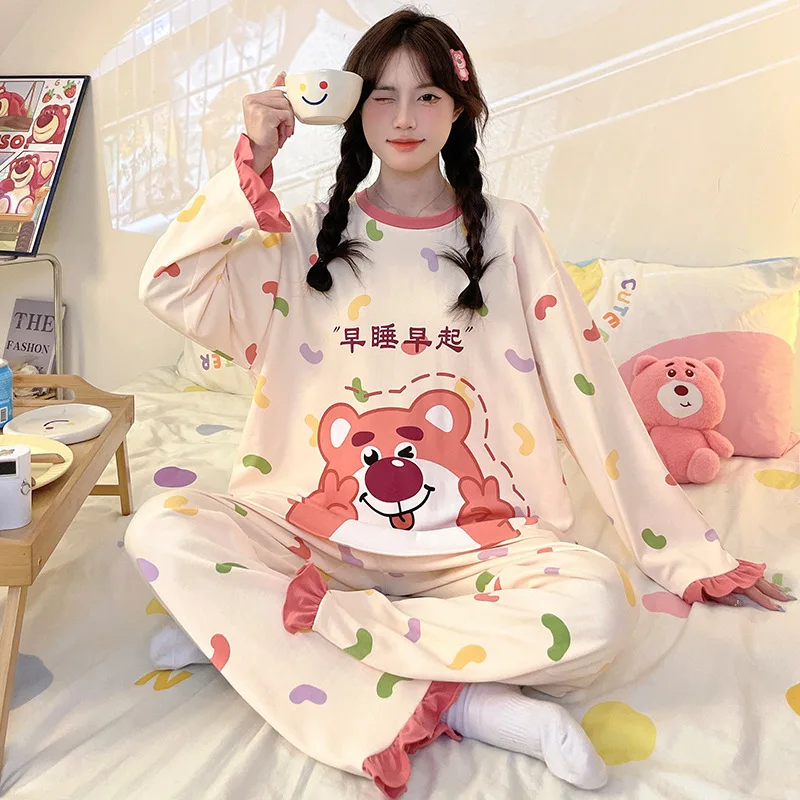 Cartoon Sanrio Yugui Dog Pajamas Autumn Crew Neck Cotton Long Sleeve Pants Two-piece Women\'s Pajamas Strawberry Bear Loungewear