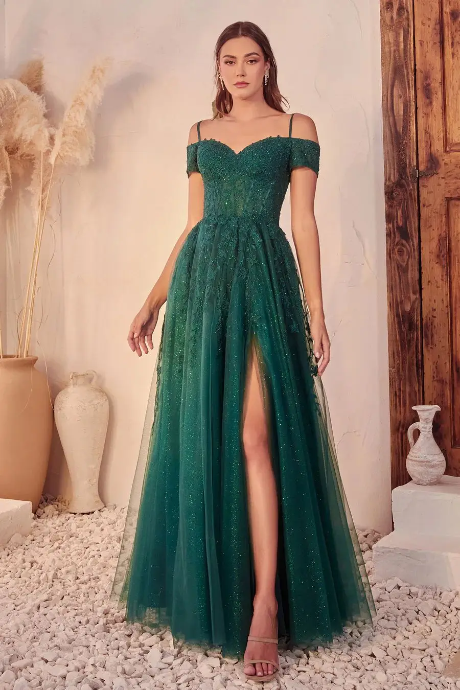 Sparkly Misty Blue Tulle Off Shoulder A-line Prom Dress Spaghetti Straps Appliques Sequins High Slit Backless Evening Dresses