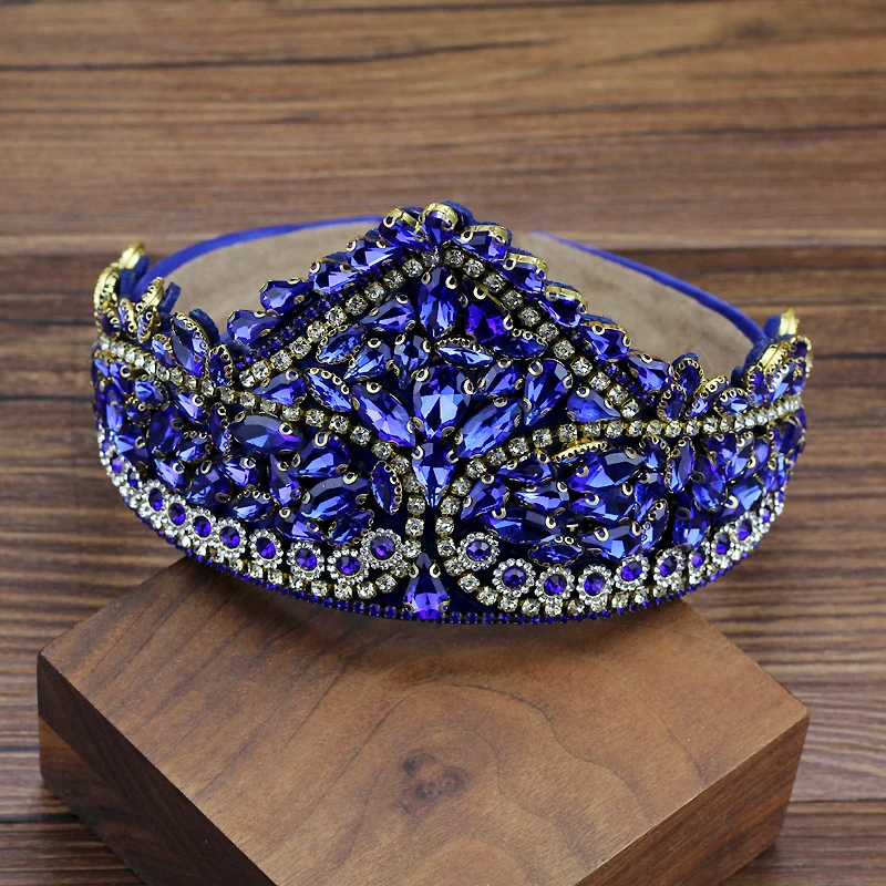 Handmade Women Hair Accessories Hot Pink Blue Crystal Queen Tiara Headbands Princess Baroque Crown Hairbands For Girls Wedding