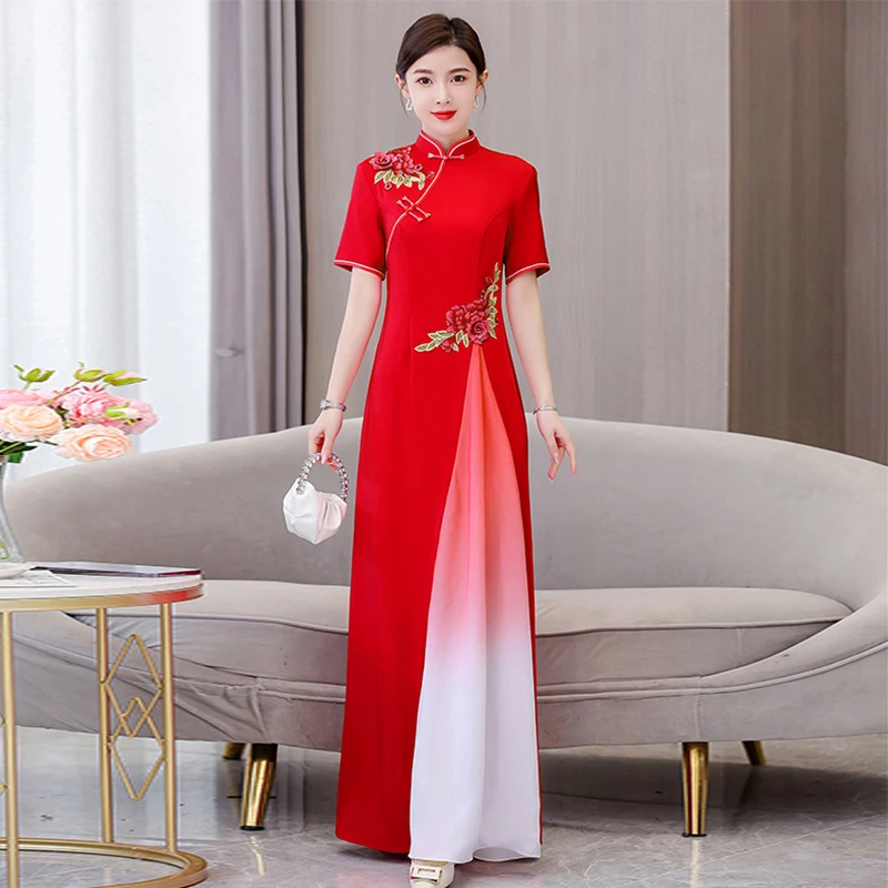 

Young Sle Long Dr High Slit Retro Design Embroidered Fabric Floral Pattern ort Sve for Performance