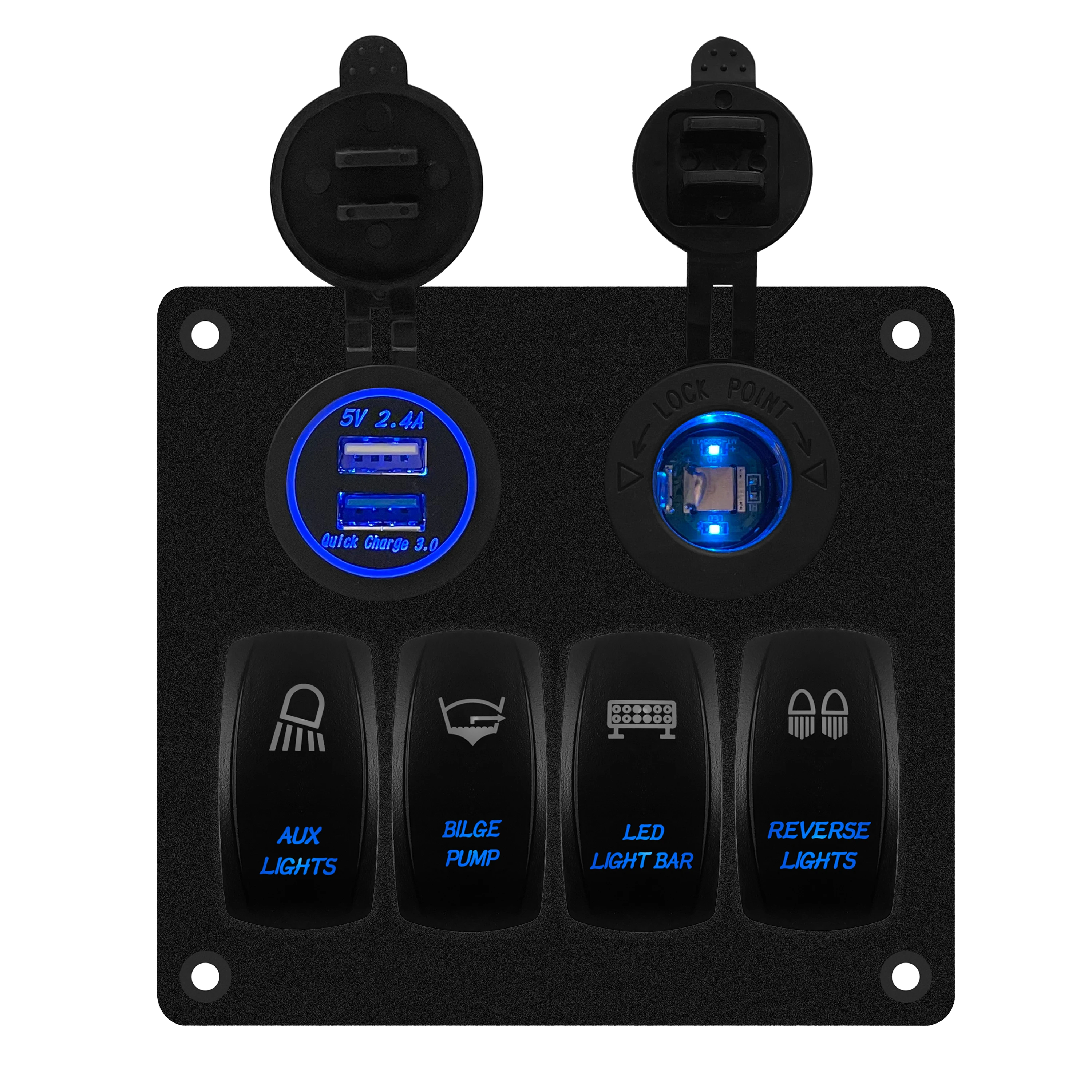 4 Gang Aluminum Blue Led Rocker Switch Panel With Dual USB QC 3.0 Car Charger & 12V Power Sockets for Marine Boat Caravans