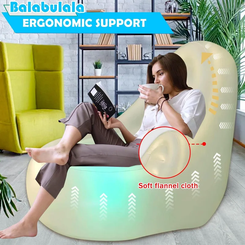 LED Inflatable Chair Brow Up Illuminated Sofa Adults Kids Lazy Couch Lights Indoor Outdoor Frosted White Portable Stool Camping