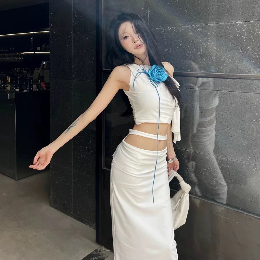 

Женская модная одежда для взрослых по индивидуальному заказу, асимметричная лента на плечах, облегающая футболка, жилет, топ, летняя юбка, комплект