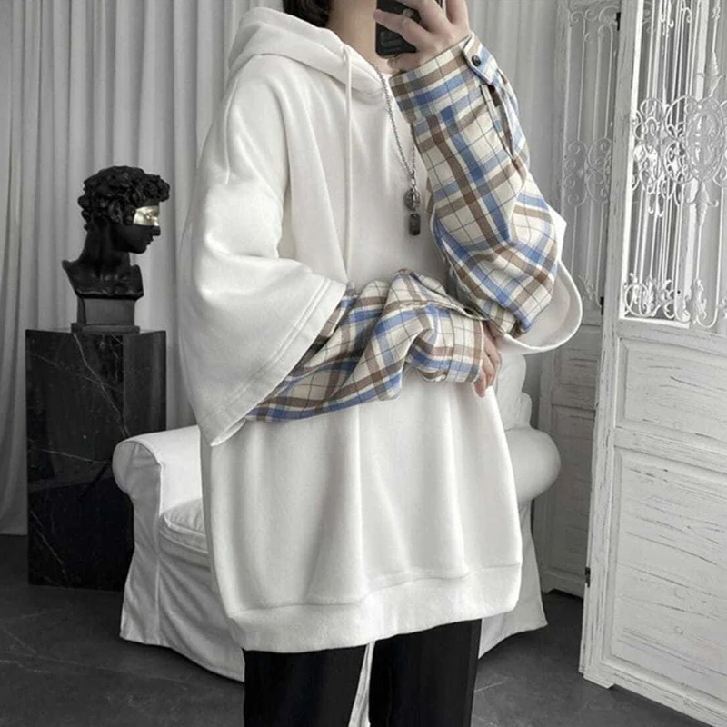 Fake Two Piece Plaid Patchwork Black White Oversize Harajuku Korean Fashion Casual 2022 Hoodie Long Sleeve Autumn Men Sweatshirt