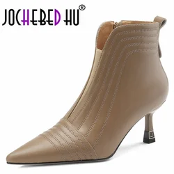 【JOCHEBED HU】Sexy Pointed Toe Women Full Genuine Leather Ankle Boots Slip On Solid Color Super High Thin Heels Handmade For 42