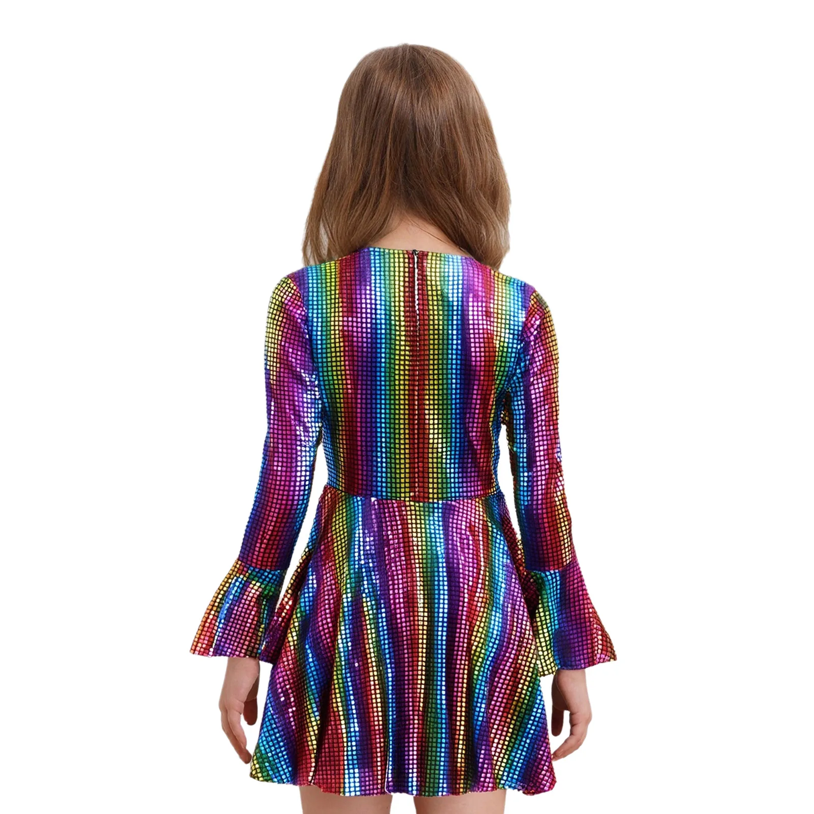 ชุดเดรสแสดงการแสดงแนวละติน ดิสโก้ แจ๊ส ยุค 70 สำหรับเด็กผู้หญิง คอวี แขนยาวทรงกระดิ่ง กระโปรงทรงเอไลน์ สำหรับงานปาร์ตี้ฮาโลวีน