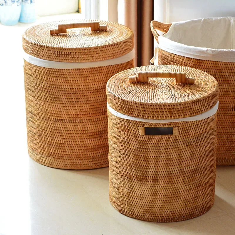 Hand-made Rattan Laundry Basket Modern Storage Organizer Toy Storage Bin Simple Dirty Clothes Basket Durable Laundry Bin