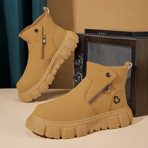 Men's Thick-Soled Chelsea Boots with Double Side Zippers for Easy on and Off, Non-Binding Design, Gear-Patterned Thick Sole, Metal Button Decoration, Workwear and Biker Style, Versatile for Autumn and Winter Daily Comm