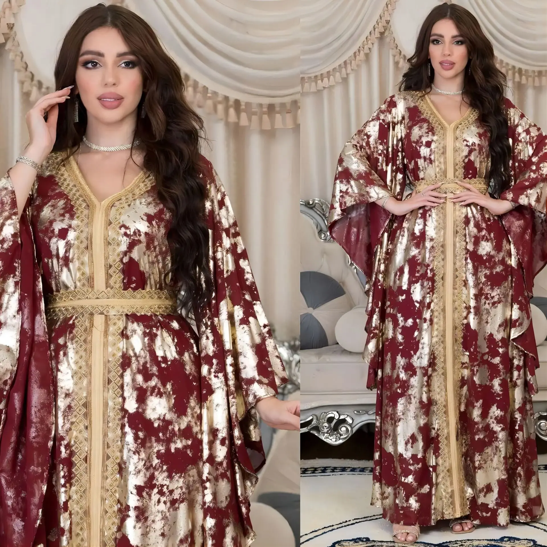 Middle East 2024 New Muslim Chiffon bronzing Robe with Belt  Middle East Dress Bat Sleeves Diamonds Applique Loose Abaya