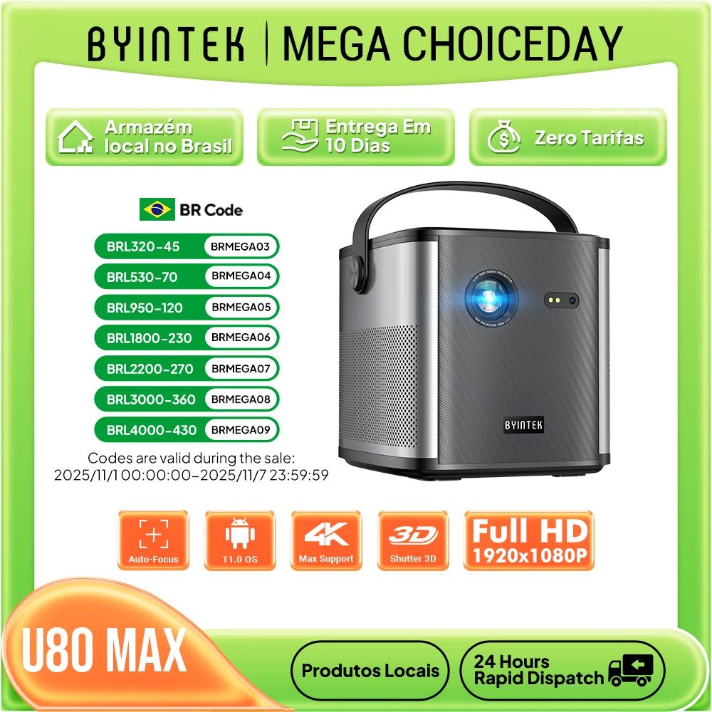 BYINTEK U80 Max Projetor 3D 4K Cinema Android 11.0 WiFi Mini Portátil 1080P Projetor de Vídeo DLP de Home Theater com Bateria