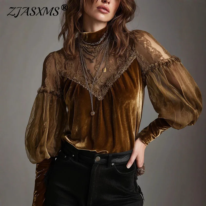 

Chic Elegant Half High Collar Velvet Blouses Woman Sexy Hollow Spliced Mesh Lace Top Pullover Fall Long Sleeve Office Lady Shirt