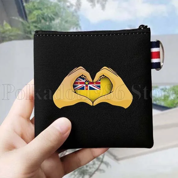 Niue Flag Map Love Heart Niuean Gifts Canvas Coin Purse Bag Small Square Key Bag Storage Card Bag Cotton Wallet Zipper Pouch