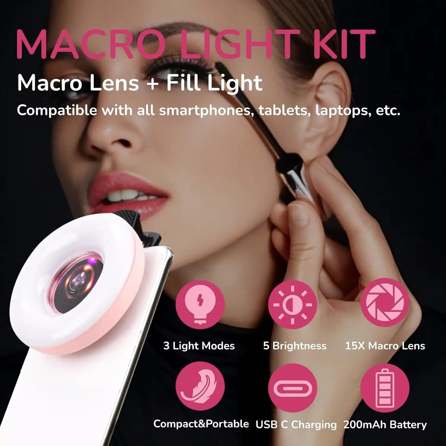 2 في 1 ضوء LED صغير مع عدسة ماكرو 15X لأجهزة الكمبيوتر المحمولة ضوء السيلفي المحمول إضاءة مؤتمرات الفيديو مع مشبك