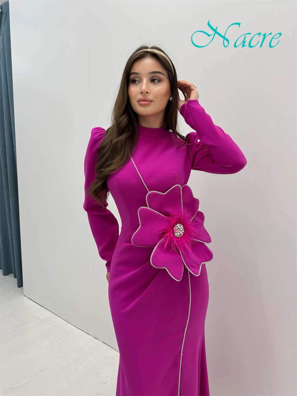 Personalizado requintado vestido de noite de gola alta delicado mangas compridas vestidos de baile luxo varredura trem vestidos de ocasião especial