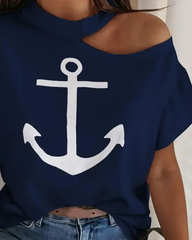 New Fashion 2023 Casual Summer Short Sleeve Boat Anchor Print Cold Shoulder Casual T-Shirt Pullover Tops