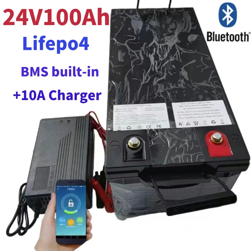 

24V 100Ah Lifepo4 Lithium Battery Pack Bms 8S For Trolling Motor Solar System Campers Motorhome+10A Charger