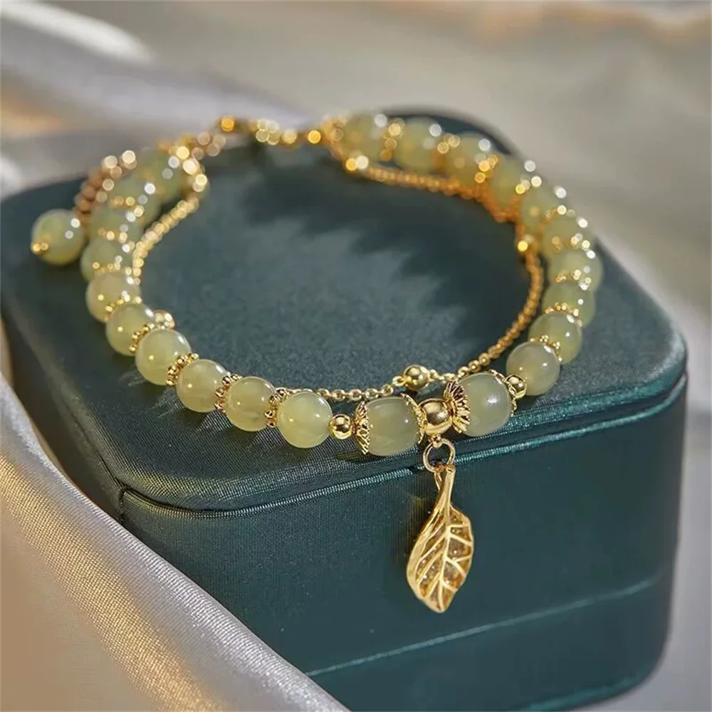 Exquisite Natural Jasper Gold Color Branch Jade Leaves Bracelet Young Girls Fashion Jewelry Best Selling Holiday Gift