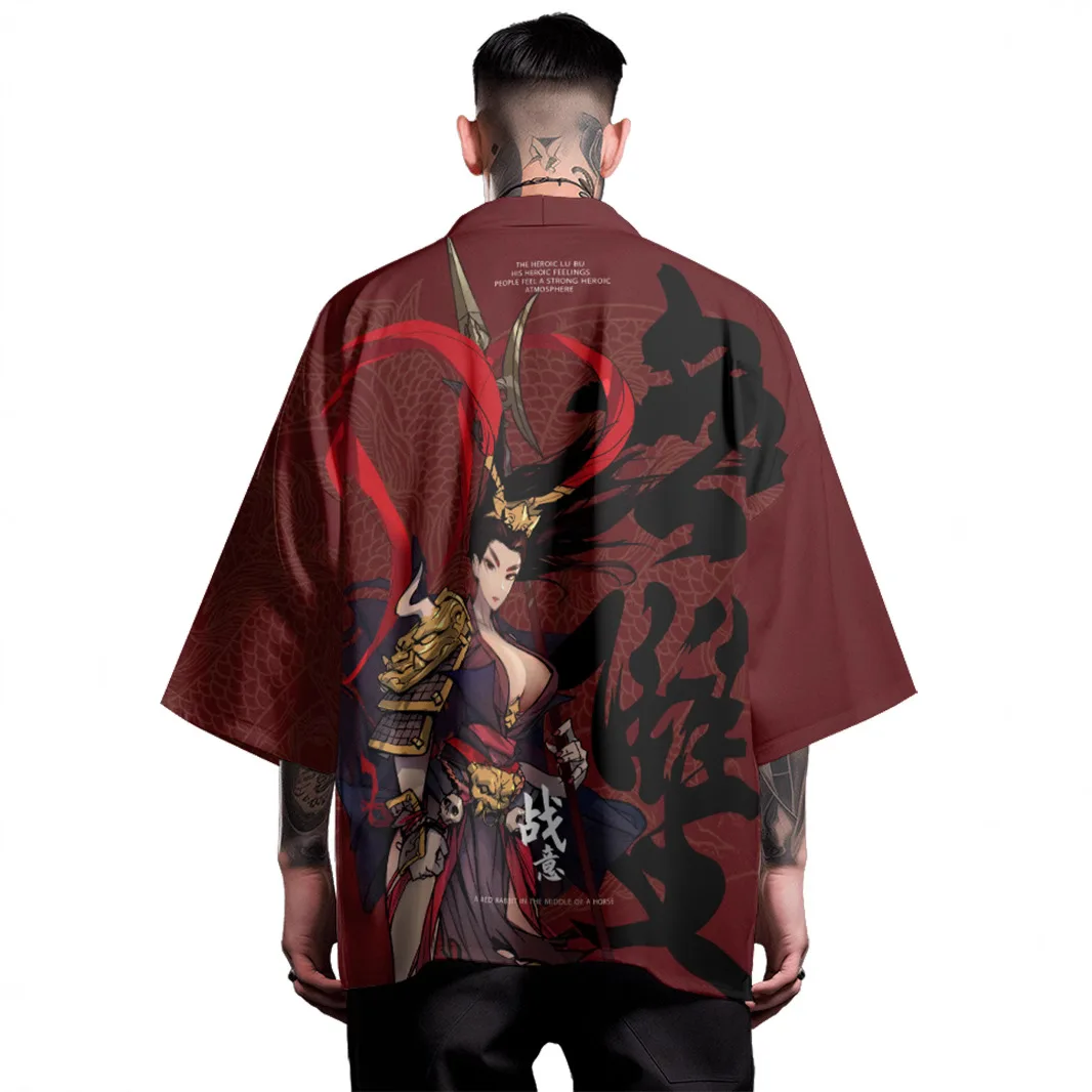 

Anime Romance of The Three Kingdoms Lu Bu Print Cardigan Haori Beach Japanese Kimono Streetwear Men Traditional Tops Plus Size