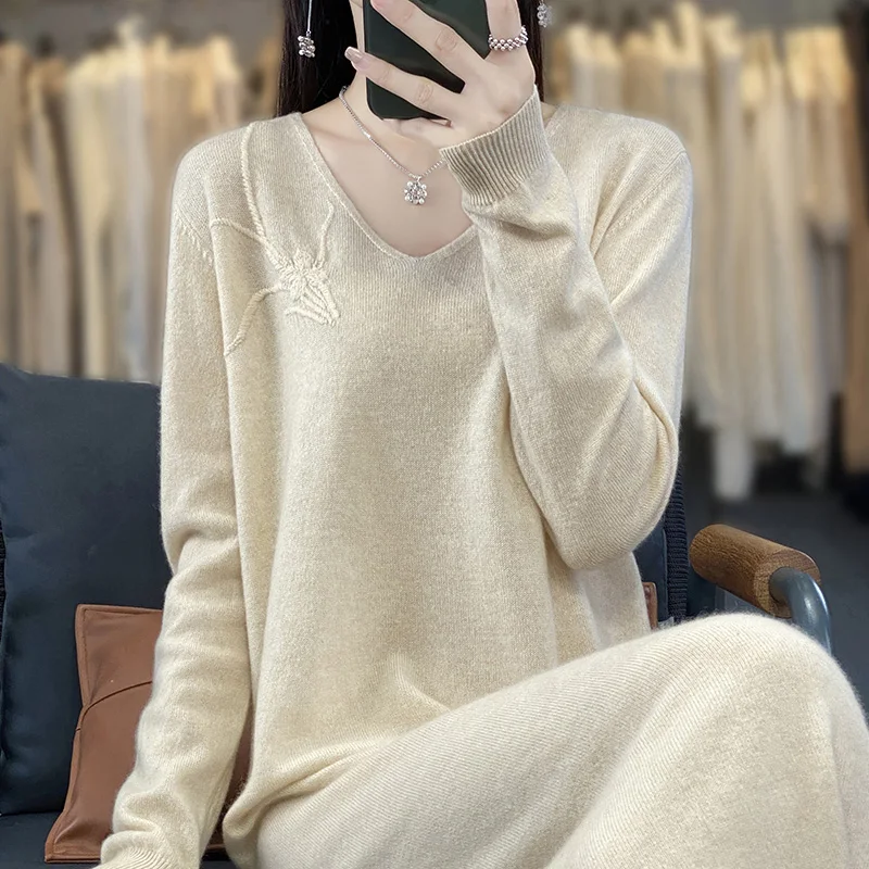 Heavy Industry Embroidery Dress Women's V-Neck Pullover Long Dress 100% Merino Wool Loose Fit Dress Autumn/Winter Korean