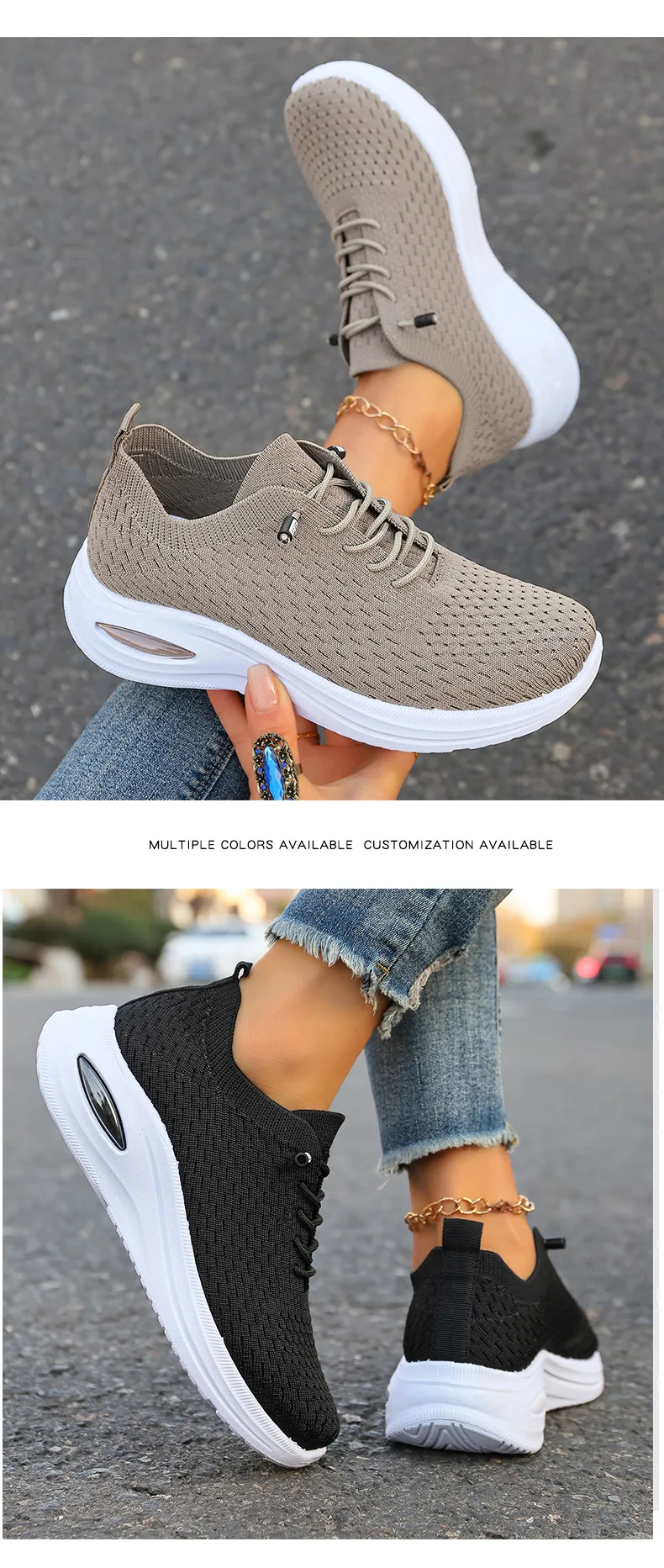 Damen-Strick-Mesh-Sneaker mit elastischen Schnürsenkeln ohne Binden, Luftpolster, dicker Sohle, leichten, rutschfesten Freizeitschuhen für Outdoor-Aktivitäten. – Detail 7