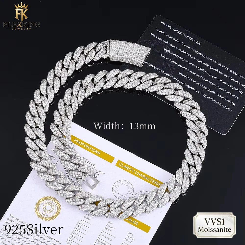 FLEXKING 13MM 925 Silver Iced Out GRA Certified VVS1 Moissanite Cuban Link Chain Bracelet Necklace Hip Hop Luxury Jewelry