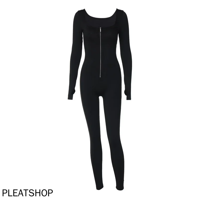 ヨーロッパとアメリカの女性の春夏ファッションスポーツ無地長袖ワンピースパンツスリムメタルジッパージャンプスーツ