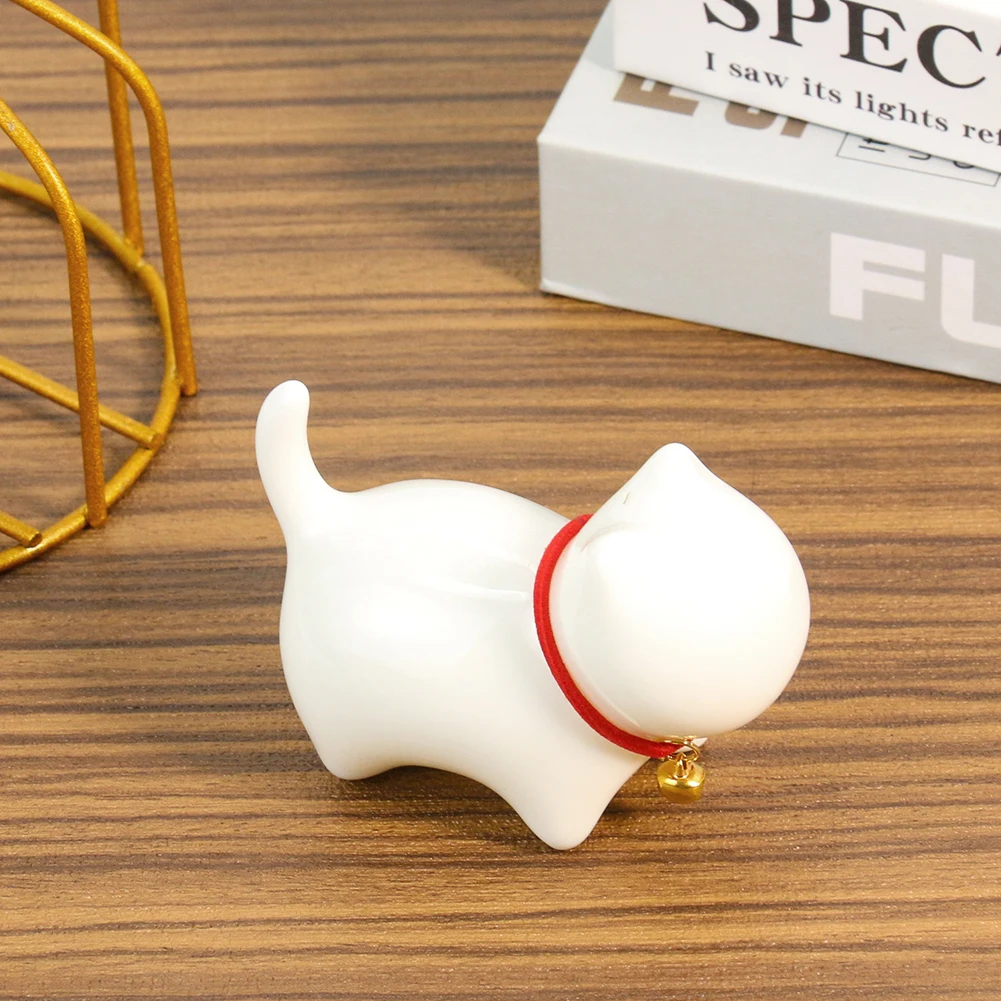 Japanese Kawaii Lucky Cat Smooth Shiny White Porcelain Faceless Cat Bell Ceramics Crafts Tea Pet Amulet Paperweight Mascot Decor