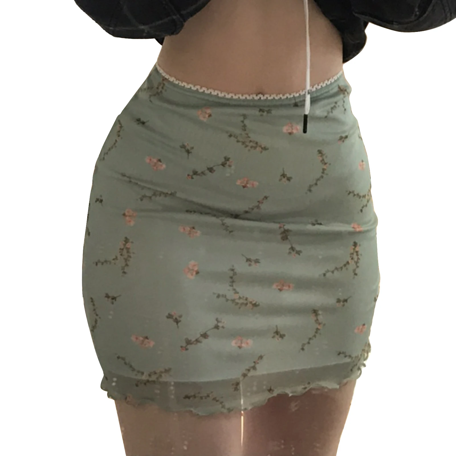 Women Girls Mini Skirt Short Mesh Flower Print High Waist Double Layer A-Line Ruffles Skinny Skirts Y2K Streetwear Light Green