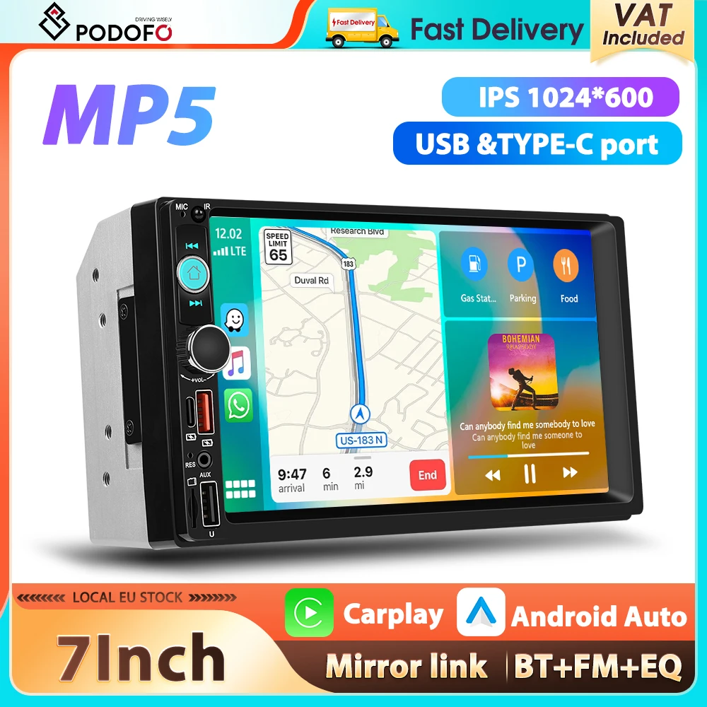 Autoradio Podofo 2Din 7'' avec écran tactile IPS, lecteur multimédia, CarPlay sans fil, Android Auto, Bluetooth, FM, USB Type-C, égaliseur sonore
