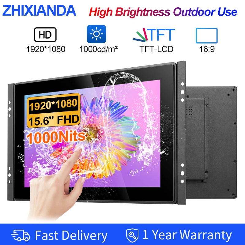 

15.6 Inch 1920x1080 1000 Nits Sunlight Readable Front Panel Waterproof Capacitive Touch Monitor With VGA HDMI USB Outdoor Use