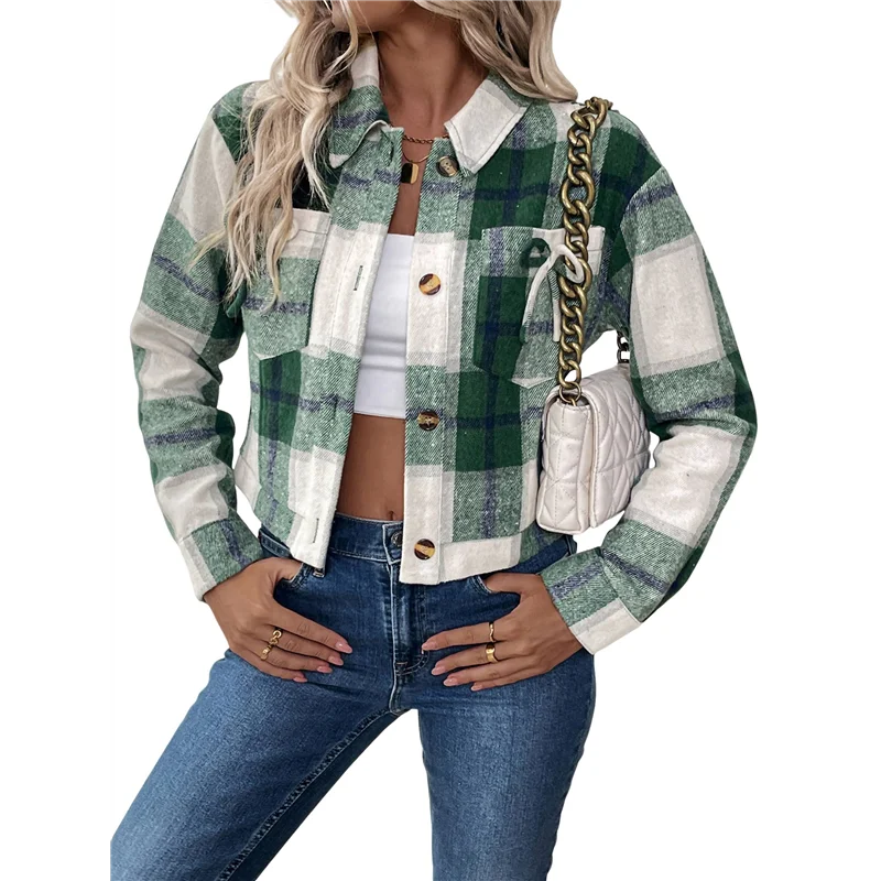 

ABP-Women Cropped Shacket Jacket Fashion Plaid Button Down Shirt 2025 Fall Coat Tops