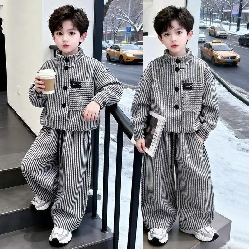 Children Autumn Spring Set New Fashion Striped Cardigan Stand Collar Single-breasted Jacket Pants 2pcs Korean Boutique Clothing