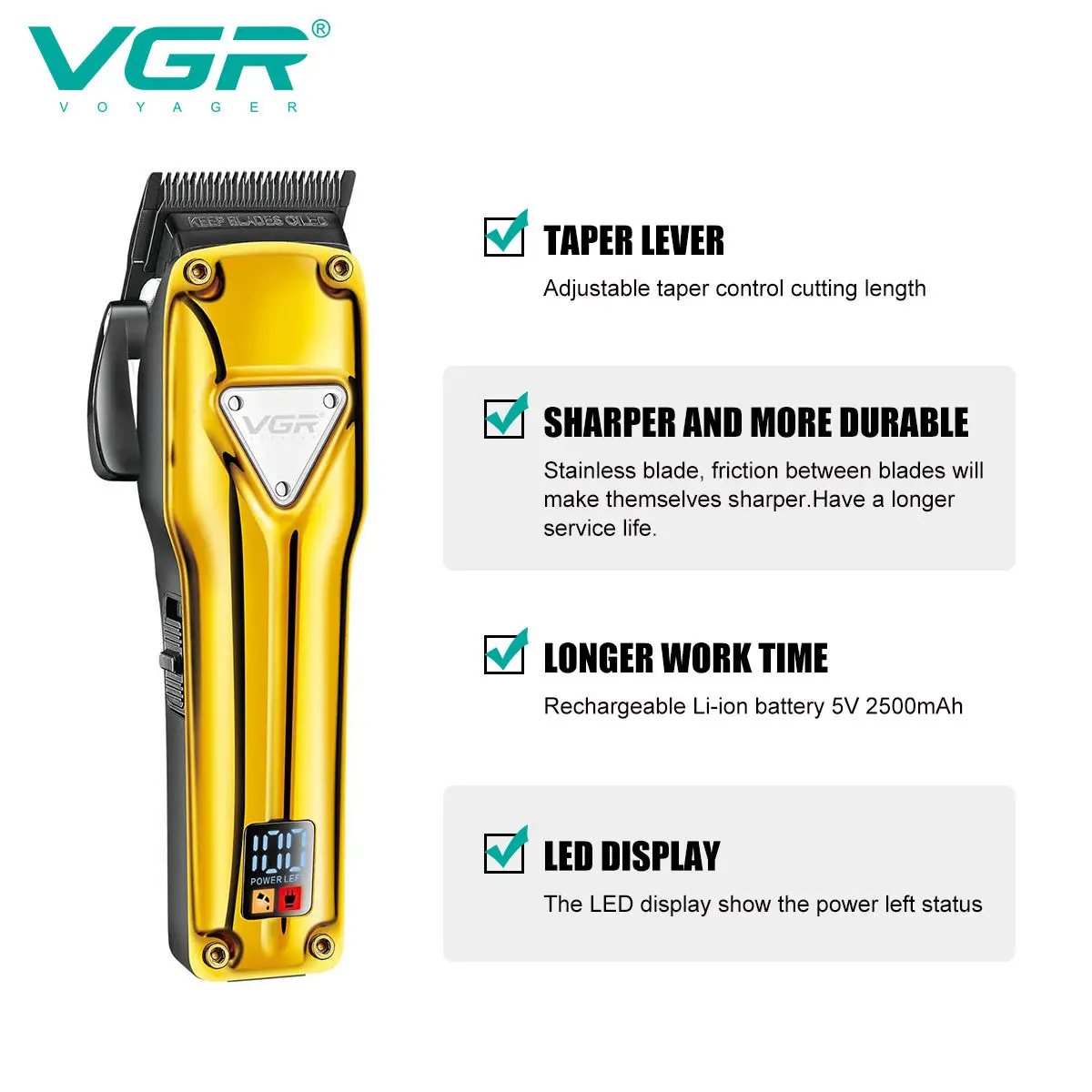 Cortadora de pelo recargable de metal para peluquero profesional eléctrico con cuchilla VGR 136 BLDC para hombres