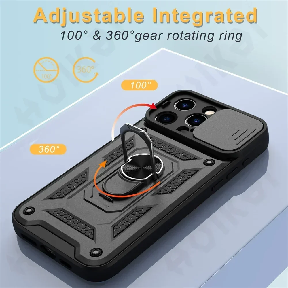 Shockproof Case For iPhone 16 15 14 13 12 11 Pro XS Max XR Plus Camera Lens Cover Phone Case with Ring Stand Armor rotate Cover