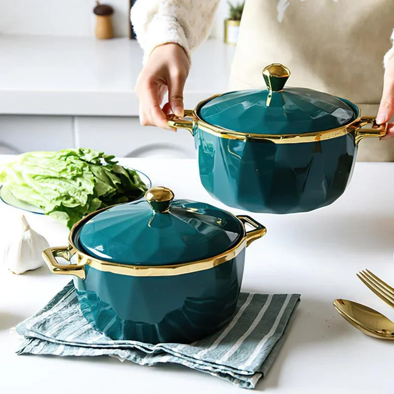 

Ceramic Large Soup Bowl Phnom Penh Noodle Fruit Salad Ramen Pot Green Handle Lid Dinnerware Household Kitchen Supplies Tableware