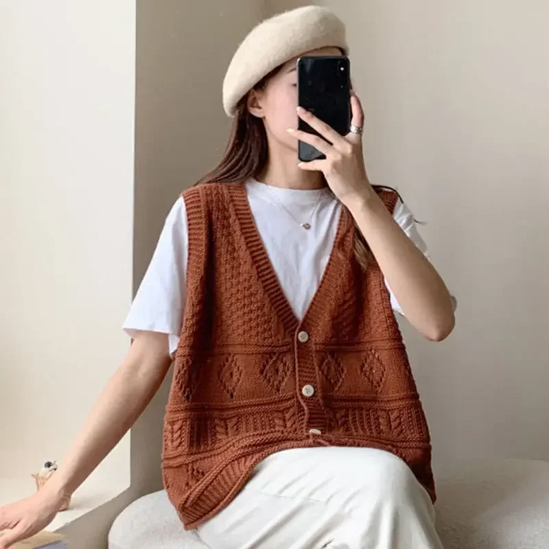 

Vests Women V-neck Vintage Button-up Literary Leisure Knitted Top Hollow Out Sleeveless Loose Stylish Simple Korean Style New