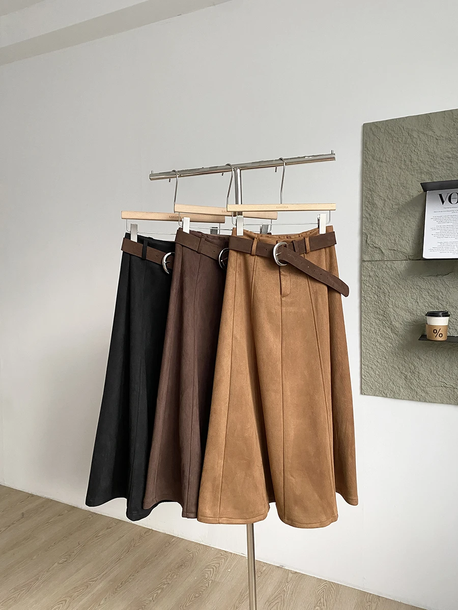 

Ретро-юбка из замши с высокой талией, женская, осенне-зимняя, новая, средней длины, с поясом, А-силуэт, для офиса, из полиэфирного волокна