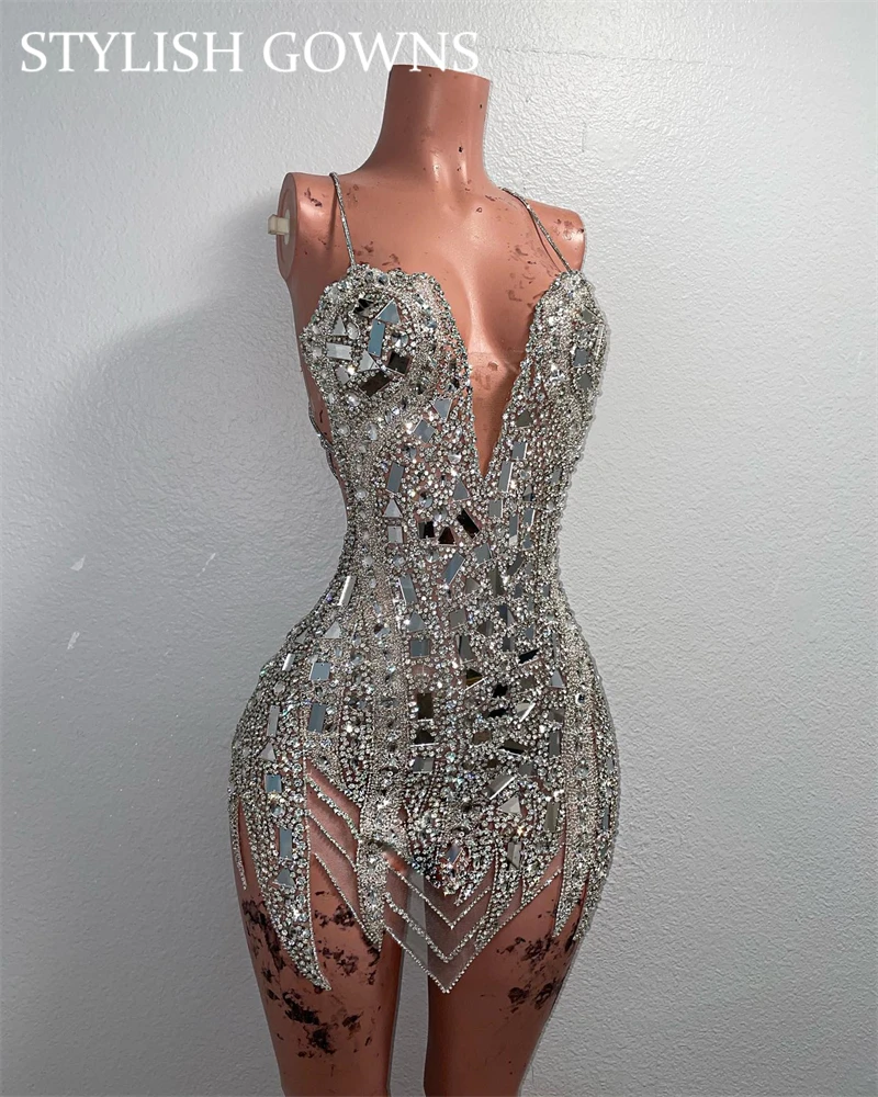 Silver Sweetheart Short Prom Dress For Black Girls 2024 Beaded Crystal Birthday Party Gowns Mini Cocktail Homecoming Customized