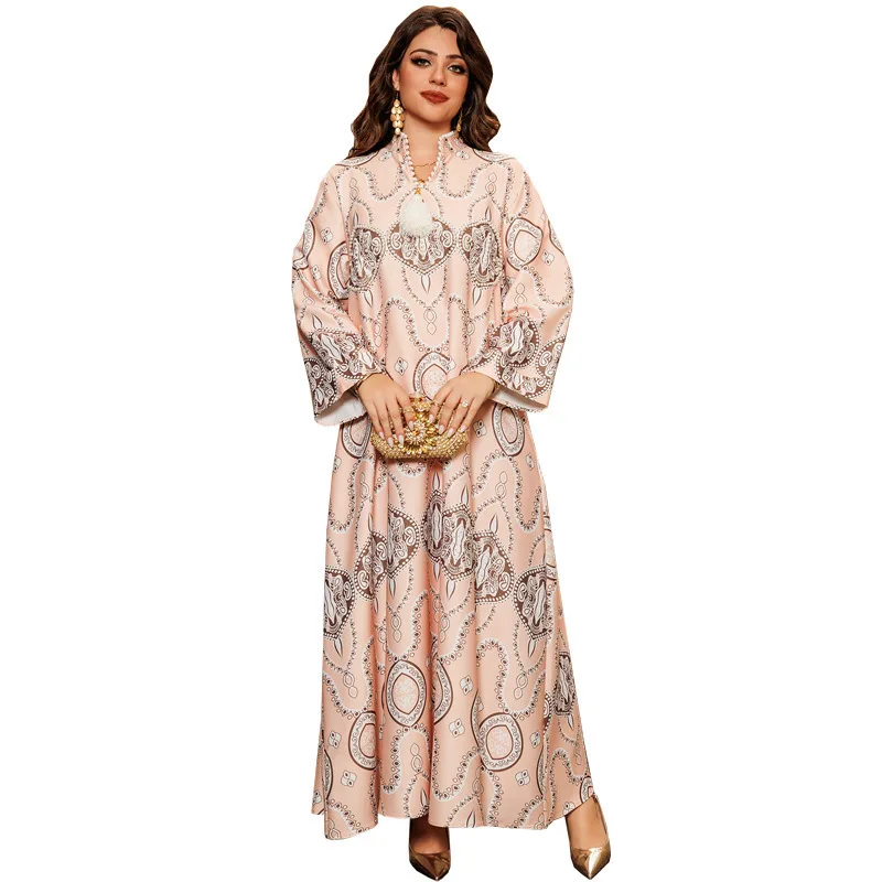 AB412 New Women's Robe Dress with Muslim Printed Fashion