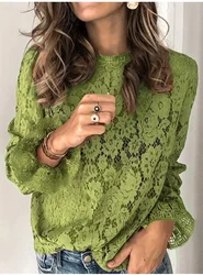 2024 cross-border European and n women's new bell-sleeve long-sleeved hollow lace casual elegant style