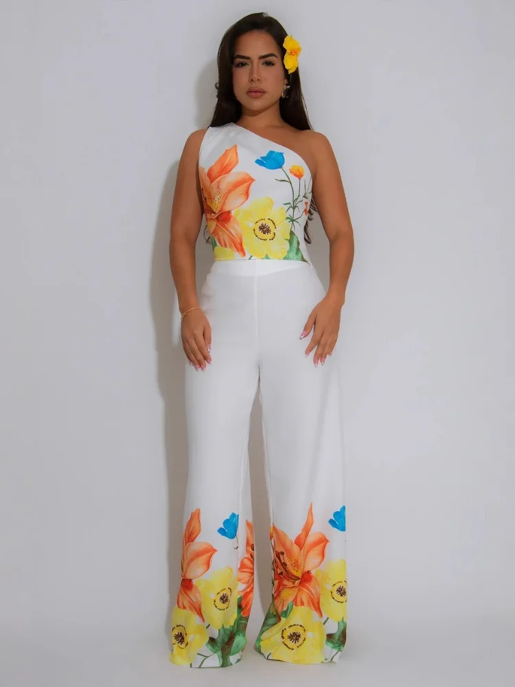 

Three Sisters Summer Women's Elastic Wide Leg Pants Oblique Shoulder Sleeveless Print Multicolor Elegant Two Piece Commuter Set