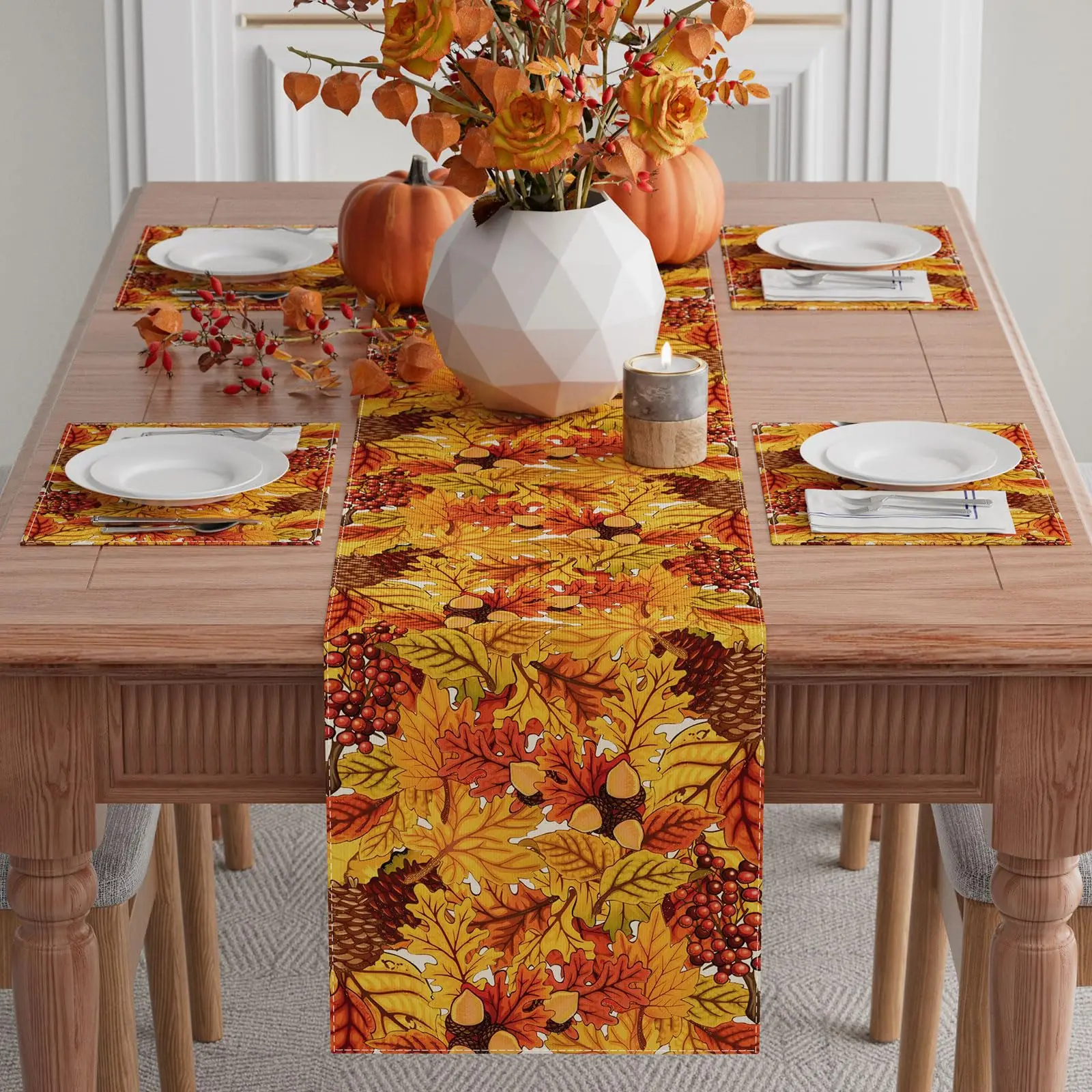 Fall Maple Leaves Pinecone Table Runner Table Decoration for Kitchen Dining Dinner Autumn Home Decor