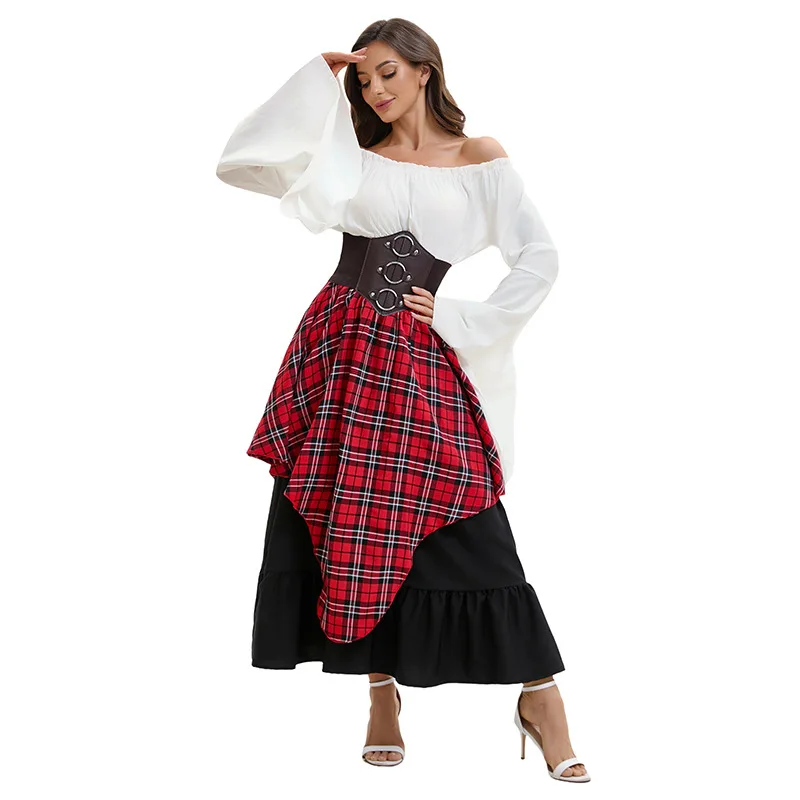 Falda Medieval Retro para mujer, disfraz de Cosplay Vintage, blusa de manga larga, vestido de fiesta gótico renacentista con hombros descubiertos y retazos