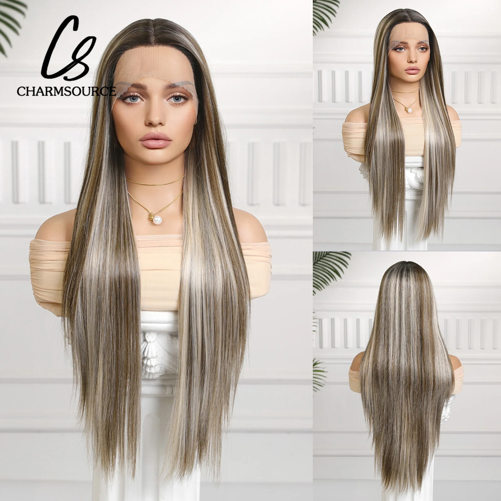 

CharmSource Lace Front Wig Long Straight Brown Ombre Gray Wigs with Dark Root for Women Daily Party Cosplay WeHigh Density