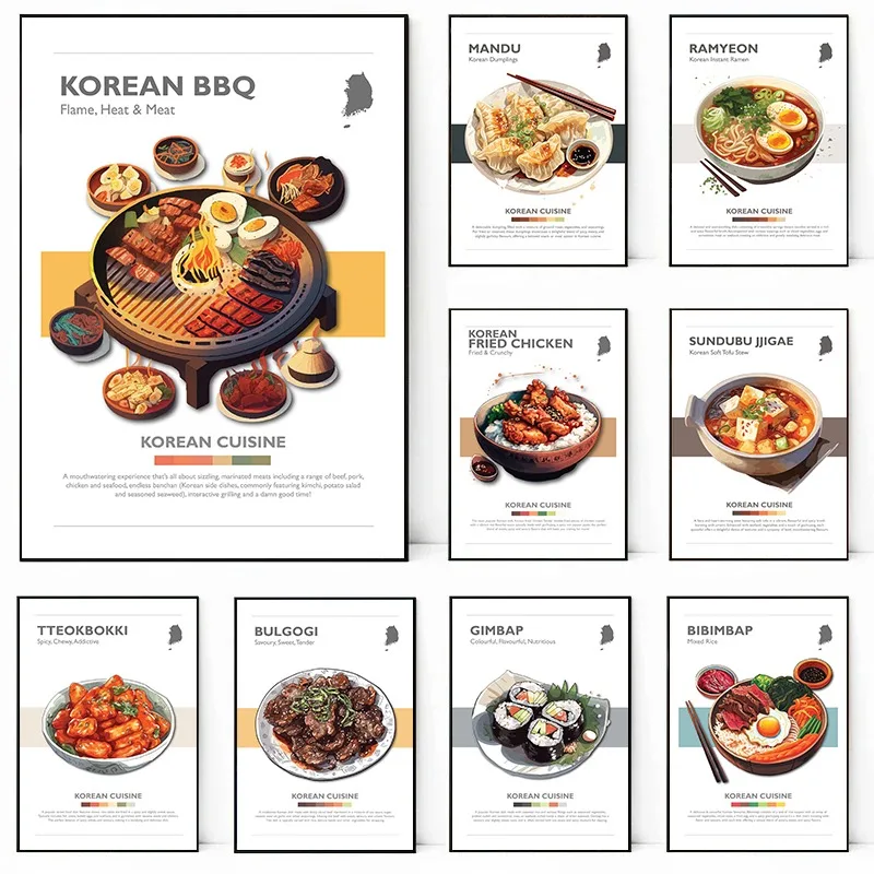 Pósteres e impresiones para barbacoa, comida coreana, pollo frito, Bibimbap Bulgogi, impresión en lienzo, imagen artística de pared para decoración de cocina y restaurante