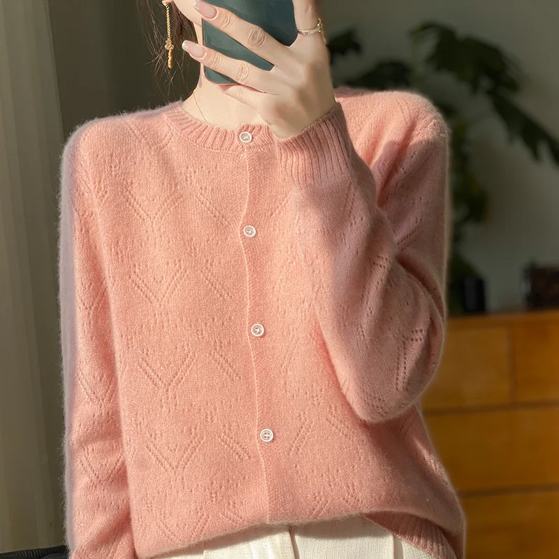 Spring Autumn Women Hollow Cardigan Knitwear 100% Merino Wool Tops O-neck Long Sleeve Women Sweater Korean Popular Clothing Tops